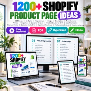 May include: A digital product titled 1200+ Shopify Product Page Ideas displayed on a laptop, tablet, and smartphone. The screens show lists of e-commerce topics, page layouts, and descriptions. A spiral notebook and pen sit in the foreground.
