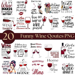 Puede incluir: Una colección de 20 imágenes PNG con citas divertidas sobre el vino. Las imágenes incluyen copas de vino, botellas y frases como "El vino lo hace todo mejor" y "Puedo beber vino todo lo que quiera, estoy jubilado."