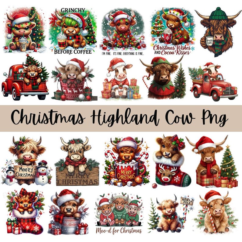 Christmas Highland Cow PNG Clipart | Festive Holiday Designs (digital ...