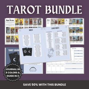 May include: A tarot bundle with a purple background. The image features a tarot journal, index, and card index. The journal is available in 6 colors and includes a guide in 3. The text "TAROT BUNDLE" is at the top.