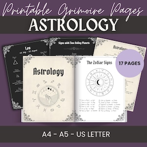 以下が含まれることがあります： 占星術をテーマにした、印刷可能なグリモワールページ。画像には、占星術のシンボル、星座、そして「Astrology」という文字が書かれたページがいくつか表示されています。ページはA4、A5、USレターサイズです。画像には「17 PAGES」という文字も含まれています。