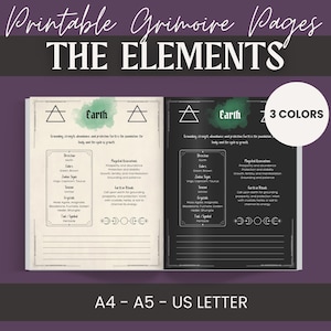 以下が含まれることがあります： 暗い紫色の背景に「THE ELEMENTS」というタイトルの印刷可能なグリモワールページ。ページはA4、A5、USレターサイズです。ページは3色で利用できます。ページには、アース要素に関する情報が記載されています。