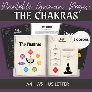 Può includere: Pagine di grimorio stampabili intitolate "The Chakras", con illustrazioni e testo colorati. Disponibili nei formati A4, A5 e US Letter. Il design presenta un'illustrazione centrale dei chakra e il testo "3 colori".