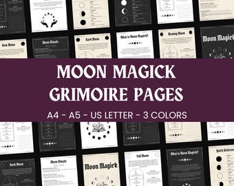 May include: A selection of grimoire pages, with the title "MOON MAGICK GRIMOIRE PAGES" in white text on a dark purple banner. The pages are available in A4, A5, and US Letter sizes, with three colour options. The pages feature moon phases and related text.