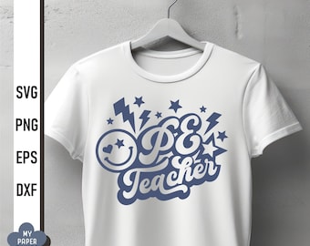 May include: White t-shirt with a blue graphic design that says "PE Teacher" with a smiley face and lightning bolts.