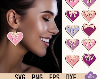 Heart Earrings svg Laser cut files, Heart with Bow svg, Valentine's Day Dangle Earrings laser files, Glowforge earrings