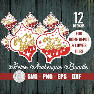 May include: A set of 12 retro arabesque Christmas tile designs featuring a red and white color scheme with gold lettering. The designs include phrases like "Merry & Bright", "Christmas Vibes", "Santa's Favorite", "Joy to the World", and "Angle All the Way".