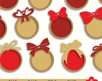 Adorno navideño SVG en blanco, Lazo navideño SVG, Adorno de madera personalizado SVG, Paquete de adornos redondos SVG, Archivos láser de adornos