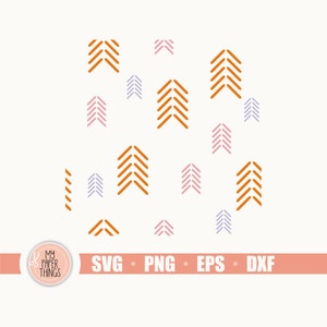 May include: A digital design file featuring a pattern of orange and purple chevron arrows. The design is available in SVG, PNG, EPS, and DXF formats.  The text "My Paper Things" is in a circle with a pair of scissors.