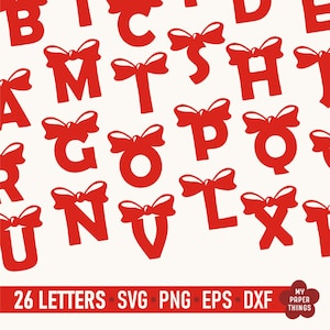 Lettera dell'alfabeto fiocco SVG, fiocco di nastro Coquette SVG, monogramma ragazza SVG, alfabeto di San Valentino SVG, etichette regalo personalizzate SVG