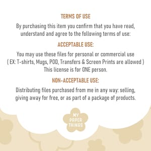 May include: Terms of use for digital files. Acceptable uses include personal and commercial use for items like T-shirts, mugs, and screen prints. Non-acceptable uses include distributing files for sale or as part of a product package.