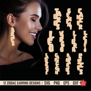 Fichiers svg de boucles d'oreilles zodiaque pour cricut, fichiers découpés au laser, modèle de boucles d'oreilles zodiaque en bois, Svg de signe du zodiaque, boucle d'oreille Glowforge