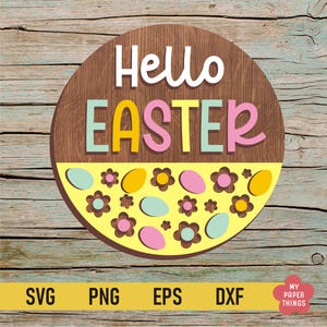 Hallo Ostern Dekor, Ostern Türschild Laserschnitt, Willkommensschild Schriftzug, Türschild Schnitt, runde Osterschilder, runde Schild Laserschnitt