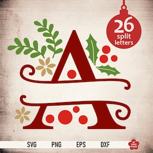 Alfabeto navideño SVG, paquete de monogramas navideños Svg, letras divididas navideñas, archivos de corte navideños para cricut, letras florales Svg