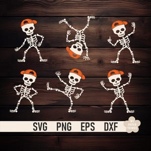 May include: A collection of six cartoon skeletons in various poses, all wearing orange baseball caps. The skeletons are white with black outlines, set against a dark wood grain background. The image includes the text "SVG PNG EPS DXF".