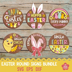 Lot de panneaux de porte ronds de Pâques découpés au laser, signe de bienvenue Svg, accroche-porte découpé, Svg de lapin de Pâques, panneaux ronds de Pâques 3D, panneau en couches