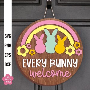 Plaque de porte ronde de Pâques découpée au laser, lapin de Pâques Svg, signe de bienvenue Svg, accroche-porte découpé, panneaux ronds de Pâques 3D, panneau rond en couches découpé au laser