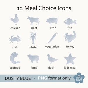 Iconos de elección de comida azul polvoriento Png, icono de tarjeta de lugar RSVP Diy, imágenes prediseñadas de comida de boda, icono de comida imprimible, elección de comida RSVP