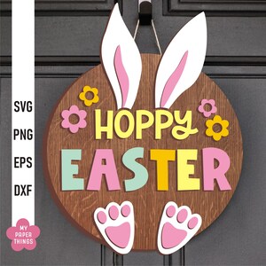 Panneau de bienvenue de Pâques découpé au Laser, Svg d'accroche-porte, Joyeuses Pâques Svg, Svg de lapin de Pâques, panneaux ronds de Pâques 3D, panneau rond en couches découpé au laser