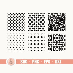 May include: Six black and white polka dot patterns. The patterns feature different sized dots and arrangements. The patterns are perfect for crafting, scrapbooking, and other DIY projects.