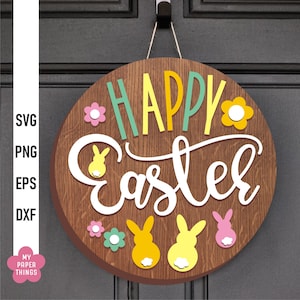 Accroche-porte de Pâques découpé au laser, Joyeuses Pâques Svg, signe de bienvenue Svg, Svg de lapin de Pâques, panneaux ronds de Pâques 3D, panneau rond en couches découpé au laser