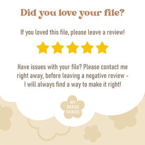 Op de afbeelding: Een witte achtergrond met een gele sterrenbeoordeling en de tekst "Did you love your file?" en "If you loved this file, please leave a review!" en "Have issues with your file? Please contact me right away, before leaving a negative review - I will always find a way to make it right!" en "MY PAPER THINGS".