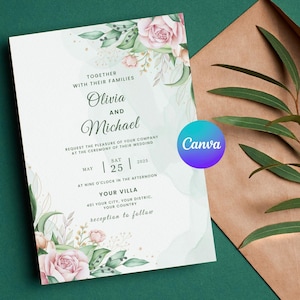 Green Floral Wedding Invitation Template: Rose Pink & Gold (Digital Download)
