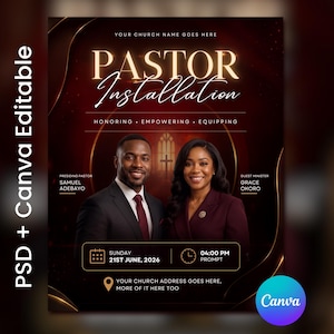 Op de afbeelding: Een digitaal flyer-sjabloon voor een Pastor Installation-evenement met een donkerrode achtergrond en gouden accenten. Het toont de tekst Pastor Installation, Honoring, Empowering, Equipping en evenementdetails voor zondag 21 juni 2026 om 16:00 uur.