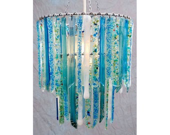 Titania Sky Blue White Small Double Chandelier shade - Glass Chandelier - Glass Lighting - Pendant Light -  Bohemian Decor