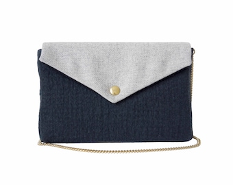 Bernadette handbag in duck blue textured wool, light gray flap, golden chain handle