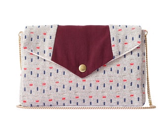 Bernadette cotton handbag with confetti pattern and burgundy red yoke, golden chain handle