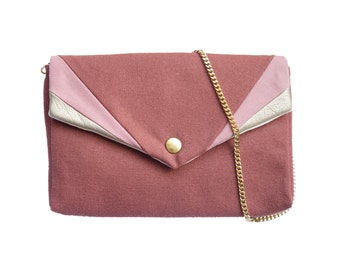 Bernadette handbag in old pink cotton with cutouts in pink cotton and gold leather, gold chain handle