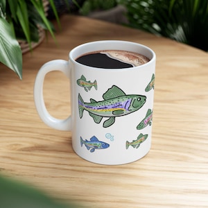 Rainbow Trout Pattern Mug Fish Coffee Ceramic Cup Fishing Angler Theme Birthday Gift for Him Father's Day Outdoors Man Nature Lover