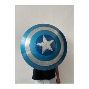 May include: A circular shield in shades of blue and silver, featuring a white star at its centre. The shield has a series of concentric circles. The shield is held in front of a person.