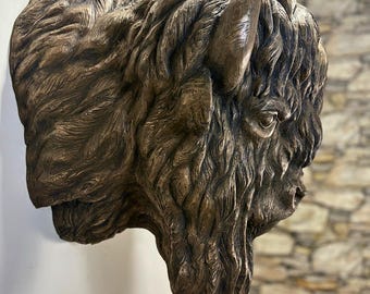 Large Bronze Bison Buffalo Wall Mount Statue - Brent Fluckiger Sculpture