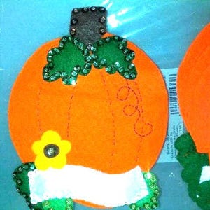 Puede incluir: Calabaza de fieltro naranja con hojas de fieltro verde y una pancarta de fieltro blanco. La calabaza tiene un diseño cosido y está decorada con lentejuelas.
