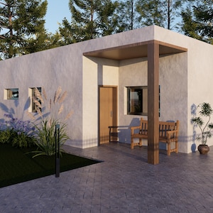 Puede incluir: Una casa moderna y minimalista con techo plano y pequeño porche. El exterior es de color beige claro con puerta y molduras de madera. Dos bancos de madera están en el porche. El paisajismo incluye plantas y árboles.