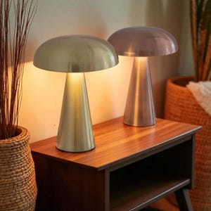 Modern Mushroom Table Lamp Brass Gold or Silver LED Light – Minimalist Bedside Lamp for Bedroom, Holiday Gift, Mid Century Decor