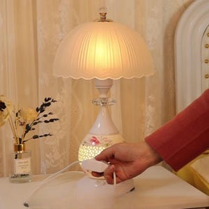 Vintage Floral Table Lamp, Elegant Ceramic Lamp with Glass Shade, Decorative Bedroom Lighting, Gift for Her, Retro Home Decor, Holiday Gift