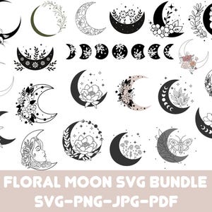 Floral Mond SVG-Bundle, Floral Mond Clipart, Mond Blume SVG-Schnittdateien, mystische Mond SVG, Wildblumen SVG, Boho SVG-Dateien für Cricut