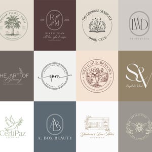 Peut inclure: Une collection de douze logos circulaires et ovales distincts présentant des illustrations au trait d'arbres, de fleurs, de livres, d'abeilles et d'oiseaux, associés à une typographie élégante et des noms de marque comme Sheoak Floral Farm.