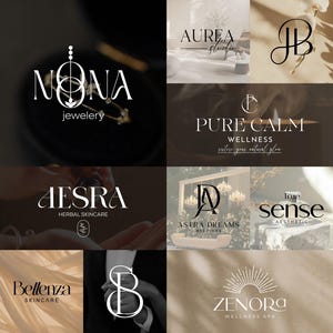May include: A collection of logos for various businesses, including jewelry, skincare, and wellness brands. The logos feature elegant typography and minimalist designs in black and white, with some incorporating floral elements.