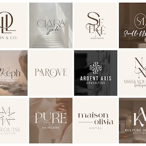Könnte beinhalten: Eine Sammlung von Logos in einer neutralen Farbpalette. Die Logos zeigen verschiedene Schriftarten und Designs, einschließlich Text und abstrakten Formen. Einige Logos enthalten den Text "Skin & Co.", "Ciara Jade", "Serene Sands Candles", "SoKeph", "Parove", "Ardent Axis Consulting", "Nessa Nouvelle Boutique", "Marquise Collective", "Pure Skincare", "Maison Olivia Hotel" und "Kulture Avenue Boutique".