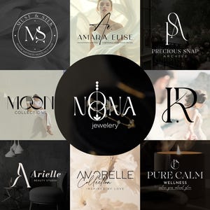 Op de afbeelding: Een verzameling logo's voor verschillende bedrijven, waaronder een schoonheidssalon, sieraden en een wellnessmerk. De logo's bevatten elegante typografie en afbeeldingen, zoals een kaars, een ring en bloemmotieven. Het kleurenpalet is voornamelijk zwart, wit en neutrale tinten.