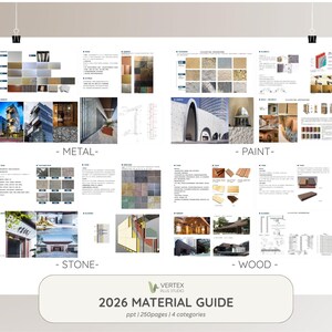 May include: A large poster with architectural material samples, including metal, paint, stone, and wood. The poster includes images and text, with the title "2026 MATERIAL GUIDE" and the Vertex Plus Studio logo.