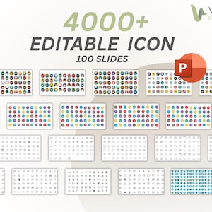 May include: A graphic design with the text "4000+ EDITABLE ICON" in dark grey and green, and "100 SLIDES" below. The image displays various icon sets and a PowerPoint logo.