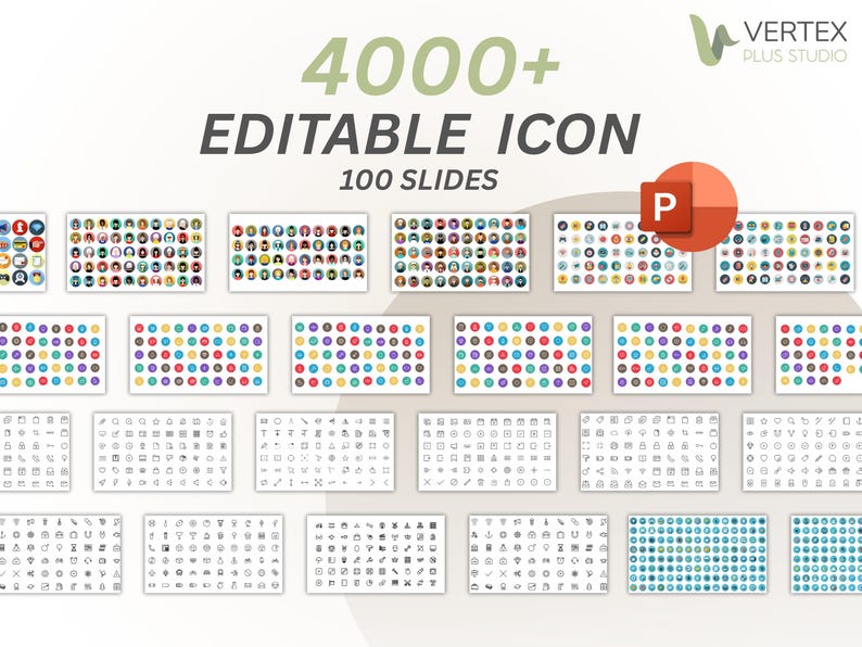 May include: A graphic design featuring the text "4000+ EDITABLE ICON" in dark gray and green, with "100 SLIDES" below. The image showcases various icon sets and a PowerPoint logo.