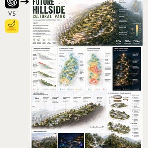 May include: A presentation panel with the title "FUTURE HILLSIDE CULTURAL PARK" and the text "A LIVING LANDSCAPE OF CULTURE, ECOLOGY AND PLAY." The panel includes diagrams, illustrations, and text about the park's design and features.