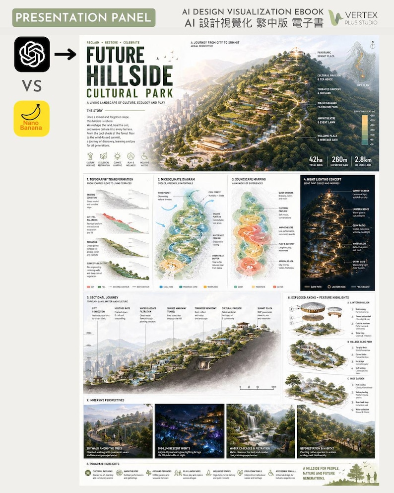 May include: A presentation panel with the title "FUTURE HILLSIDE CULTURAL PARK" and the text "A LIVING LANDSCAPE OF CULTURE, ECOLOGY AND PLAY." The panel includes diagrams, illustrations, and text about the park's design and features.