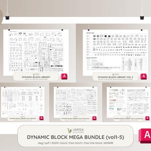 以下が含まれることがあります： 5つの建築設計図のプリントセット。それぞれ白黒で詳細な技術図面が描かれています。「Dynamic Block Library」と「Dynamic Block Library Vol. 2」とラベル付けされ、「Dynamic Block Mega Bundle」の一部です。テキスト「OVER $120 VALUE」が含まれています。